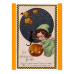 vintage-little-girl-flying-pumpkins-black-cat-card postcards
