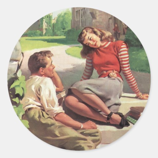 Vintage Love and Romance College Coed Students Round Stickers