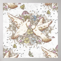 Vintage Love Birds, Two White Doves Floral Print