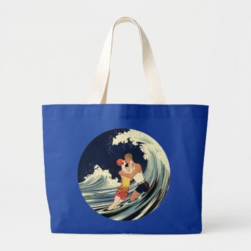 Vintage Love in the Surf, Romantic Kiss by Beach Bag
