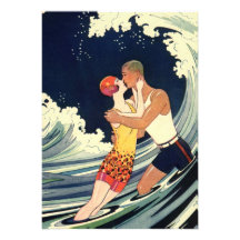 Vintage Love in the Surf, Romantic Kiss by Beach Personalized Announcements