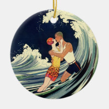 Vintage Love in the Surf; Romantic Kiss by Beach Christmas Tree Ornament