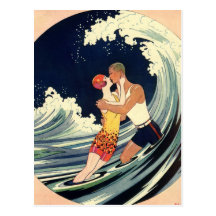 Vintage Love in the Surf, Romantic Kiss by Beach Postcards
