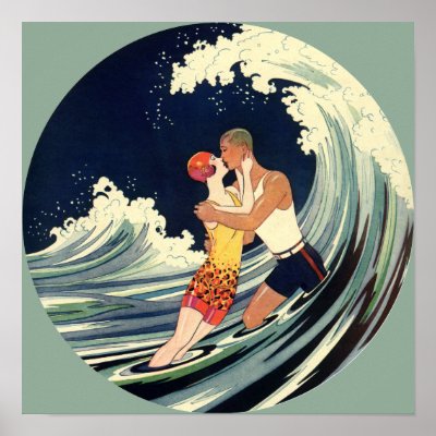 Vintage Love in the Surf; Romantic Kiss Posters