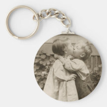 Vintage Love Romance, Children Kissing, First Kiss Key Chain