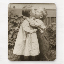 Vintage Love Romance, Children Kissing, First Kiss Mousepads