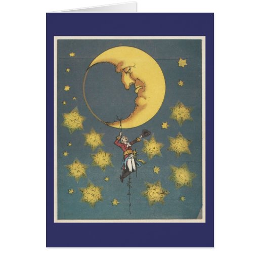 Vintage Man Hanging From the Moon Greeting Cards