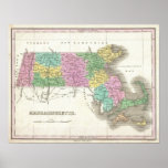 Vintage Map of Massachusetts (1827) Print