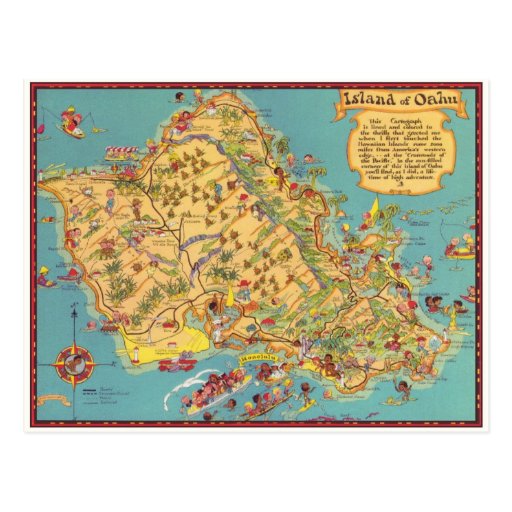 Vintage Map of the Island of Oahu Postcards