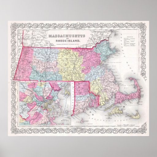 Vintage Massachusetts and Rhode Island Map (1855) Poster