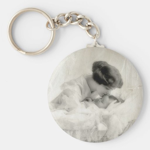 Vintage Mother Kissing Baby in Bassinet Key Chain