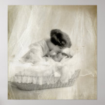 Vintage Mother Kissing Baby in Bassinet Print