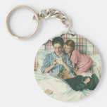 Vintage Mother Reading Cards in Bed with the Kids Key Chain