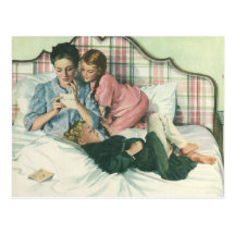 Vintage Mother Reading Cards in Bed with the Kids Postcards