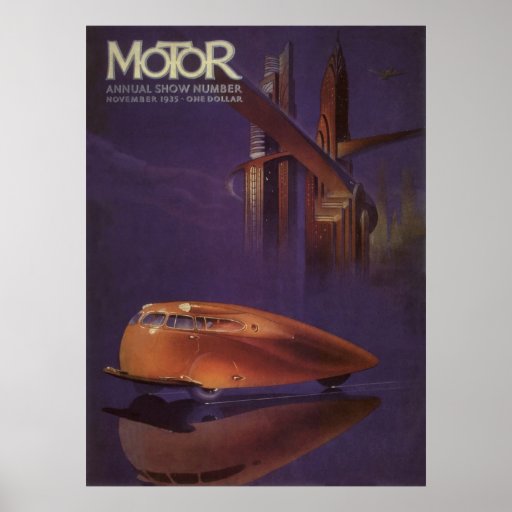 Vintage Motor Magazine Cover, Futuristic Car City Posters