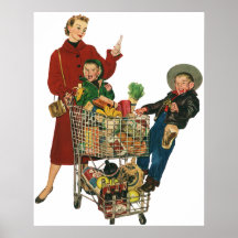 Vintage Mum with her Kids in Cart Grocery Shopping Posters