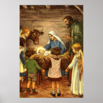 Vintage Nativity Scene, Baby Jesus in the Manger Posters