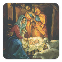 Vintage Nativity Scene; Baby Jesus in the Manger Square Stickers