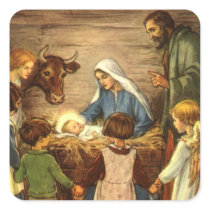Vintage Nativity Scene, Baby Jesus in the Manger Sticker