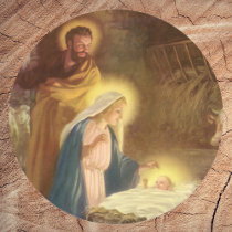 Vintage Nativity Scene; Baby Jesus in the Manger Round Sticker