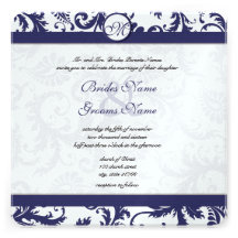 Vintage Navy Damask Swirls Wedding Invitation