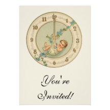 Vintage New Years Baby Clock Personalized Invitations