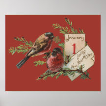 Vintage New Years Birds Print