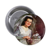 Vintage Newlywed Bride Cutting Her Wedding Cake Pin