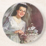 Vintage Newlywed Bride Cutting Her Wedding Cake Coaster