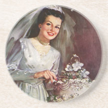 Vintage Newlywed Bride Cutting Her Wedding Cake Coaster