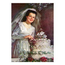 Vintage Newlywed Bride Cutting Her Wedding Cake Announcement