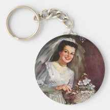 Vintage Newlywed Bride Cutting Her Wedding Cake Key Chain