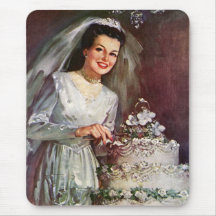 Vintage Newlywed Bride Cutting Her Wedding Cake Mouse Pads