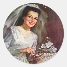 Vintage Newlywed Bride Cutting Her Wedding Cake Stickers