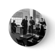 Vintage Office Scene; black and white Pin