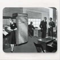 Vintage Office Scene; black and white Mouse Pads