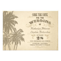 vintage palm tree typographic save the date personalized invitations