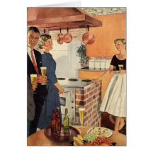 Vintage Party in the Kitchen, Beer and Appetizers Greeting Cards