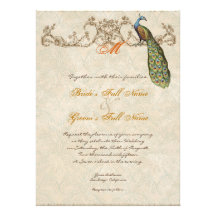 Vintage Peacock & Etchings Burnt Orange Wedding Custom Invitation