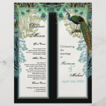 Vintage Peacock, Feathers, 2 up, Dinner Menu Sheet Personalized Flyer