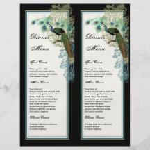 Vintage Peacock, Feathers, 2 up, Dinner Menu Sheet Full Colour Flyer
