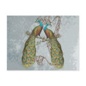 Vintage Peacock Grunge Damask on Silver postcards