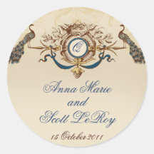 Vintage Peacocks Wedding Favour Stickers Round