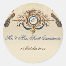 Vintage Peacocks Wedding Favour Stickers Round b