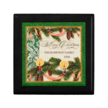 Vintage Pine Cone Bough Damask Candle Chrismas Box Jewelry Box
