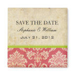 Vintage Pink and Green Damask Save The Date magnets