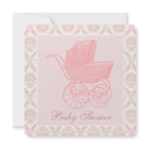 Vintage Pink Baby Carriage Baby Girl Shower Custom Announcements