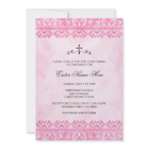 Vintage pink damask baptism/christening invitation