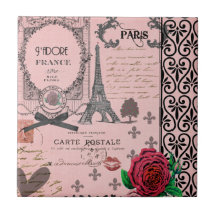 Vintage Pink Paris Collage Ceramic Tile