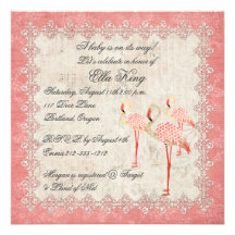 Vintage Pink Rose Flamingos Baby Invitation